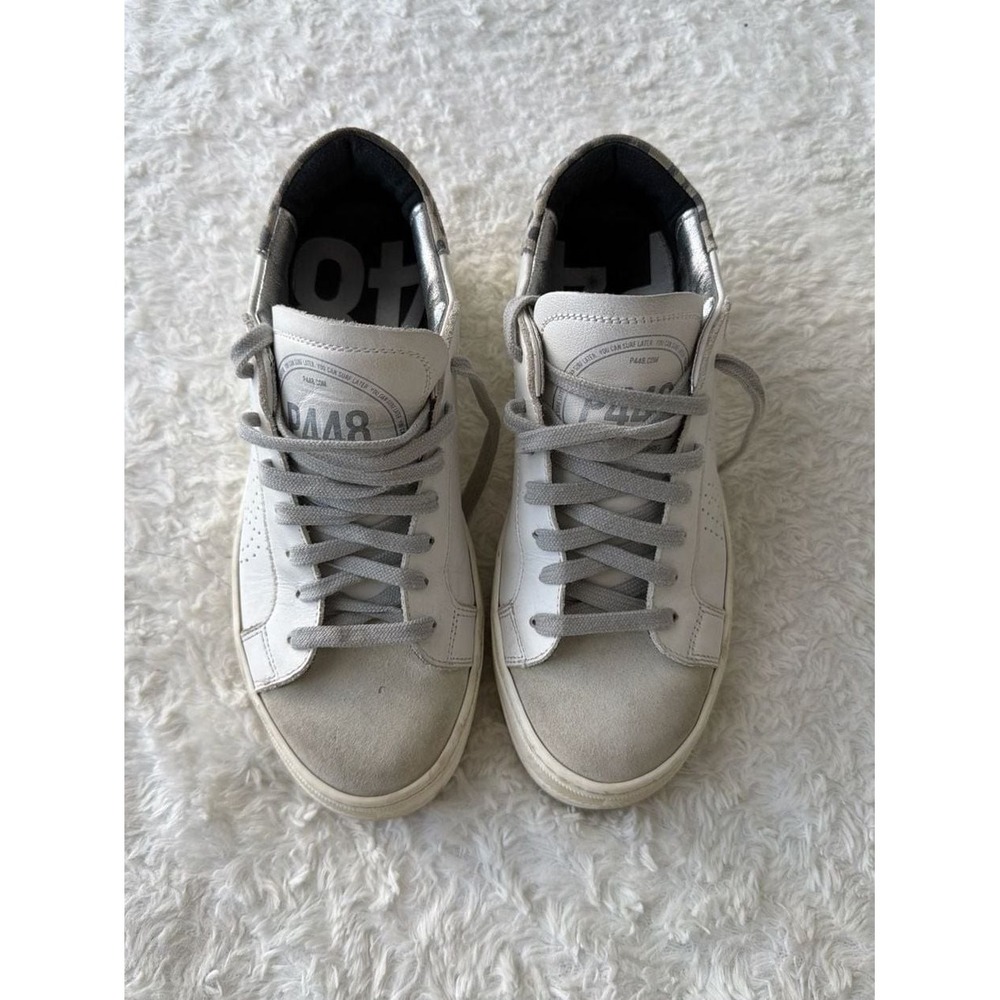P448 John White Leather Low-Top Sneakers with Leopard Print Heel